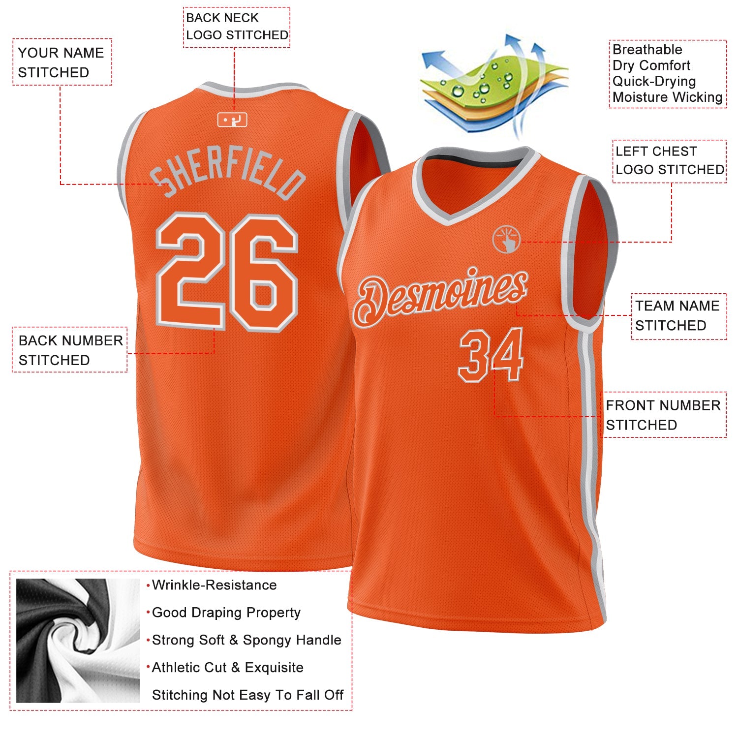 Custom Orange White-Gray Authentic Throwback Basketball Jersey - Sky-Custom