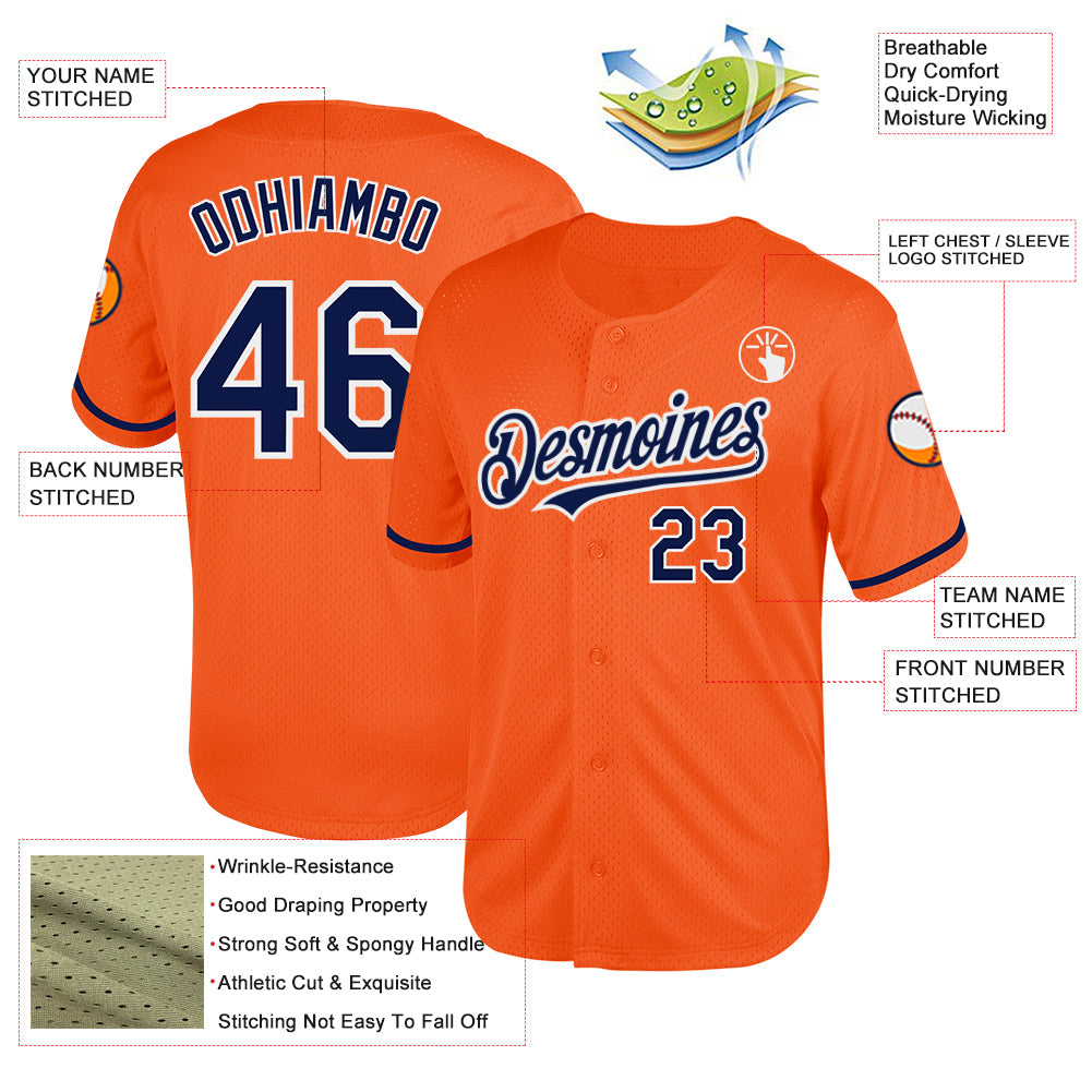 Custom Orange Navy-White Mesh Authentic Throwback Baseball Jersey - Sky-Custom