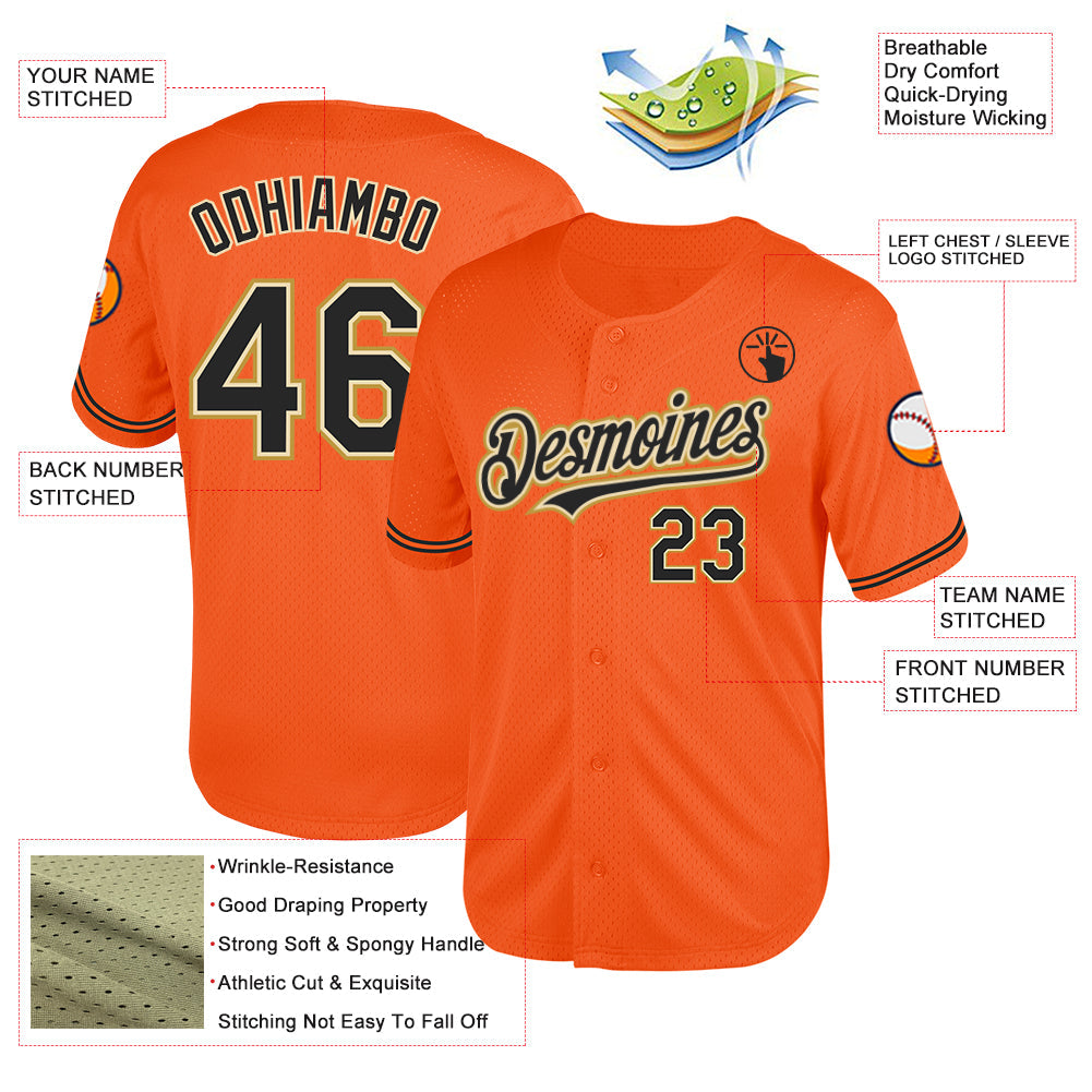 Custom Orange Black Cream-Old Gold Mesh Authentic Throwback Baseball Jersey - Sky-Custom