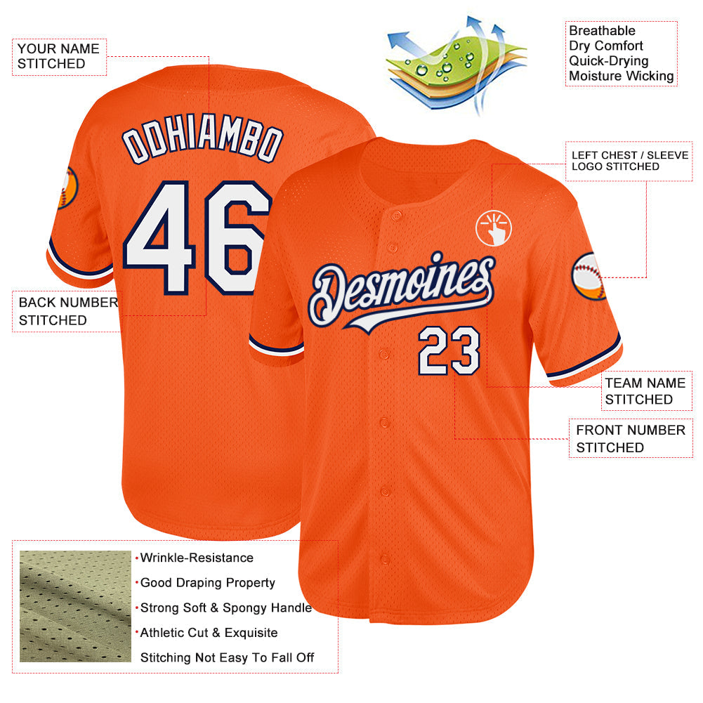 Custom Orange White-Navy Mesh Authentic Throwback Baseball Jersey - Sky-Custom