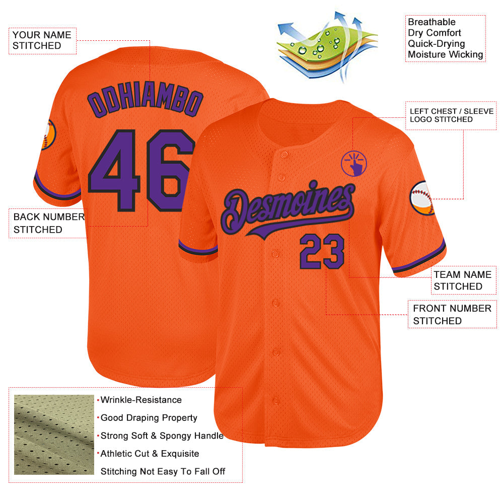 Custom Orange Purple-Black Mesh Authentic Throwback Baseball Jersey - Sky-Custom
