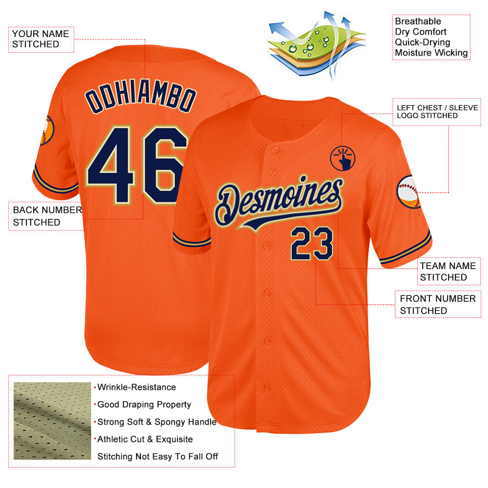 Custom Orange Navy Cream-Old Gold Mesh Authentic Throwback Baseball Jersey - Sky-Custom