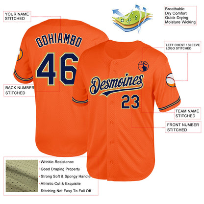 Custom Orange Navy Cream-Old Gold Mesh Authentic Throwback Baseball Jersey - Sky-Custom