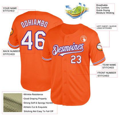 Custom Orange White-Purple Mesh Authentic Throwback Baseball Jersey - Sky-Custom