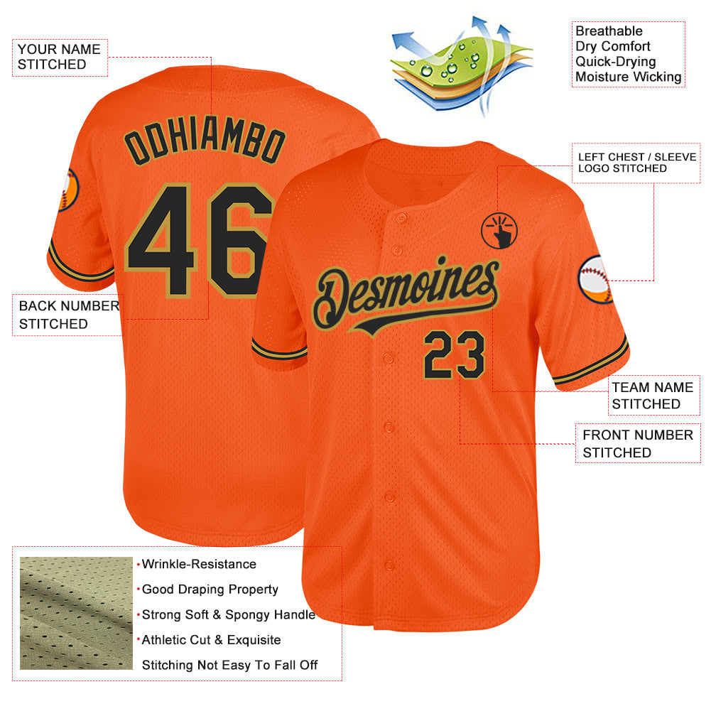 Custom Orange Black-Old Gold Mesh Authentic Throwback Baseball Jersey - Sky-Custom