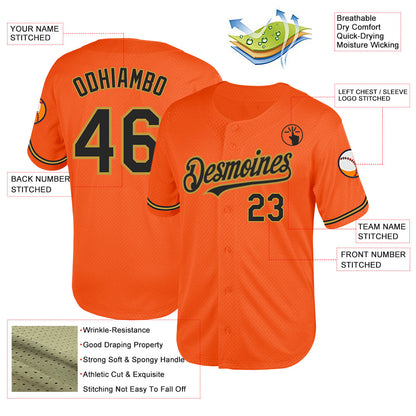 Custom Orange Black-Old Gold Mesh Authentic Throwback Baseball Jersey - Sky-Custom