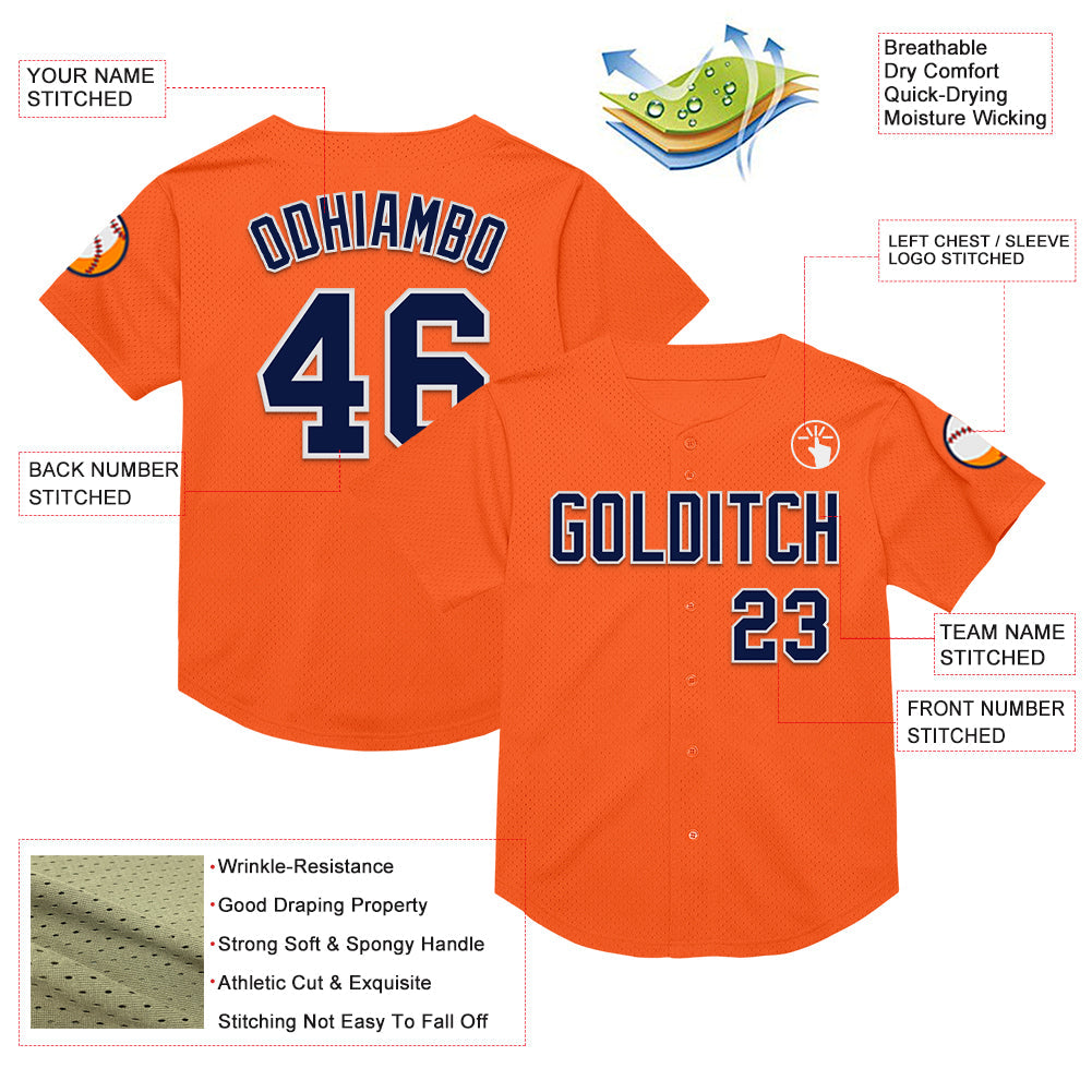 Custom Orange Navy-White Mesh Authentic Throwback Baseball Jersey - Sky-Custom