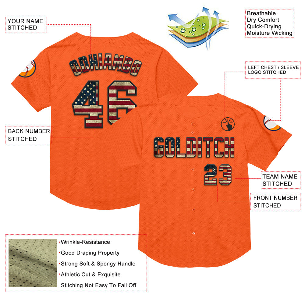 Custom Orange Vintage USA Flag-Black Mesh Authentic Throwback Baseball Jersey - Sky-Custom