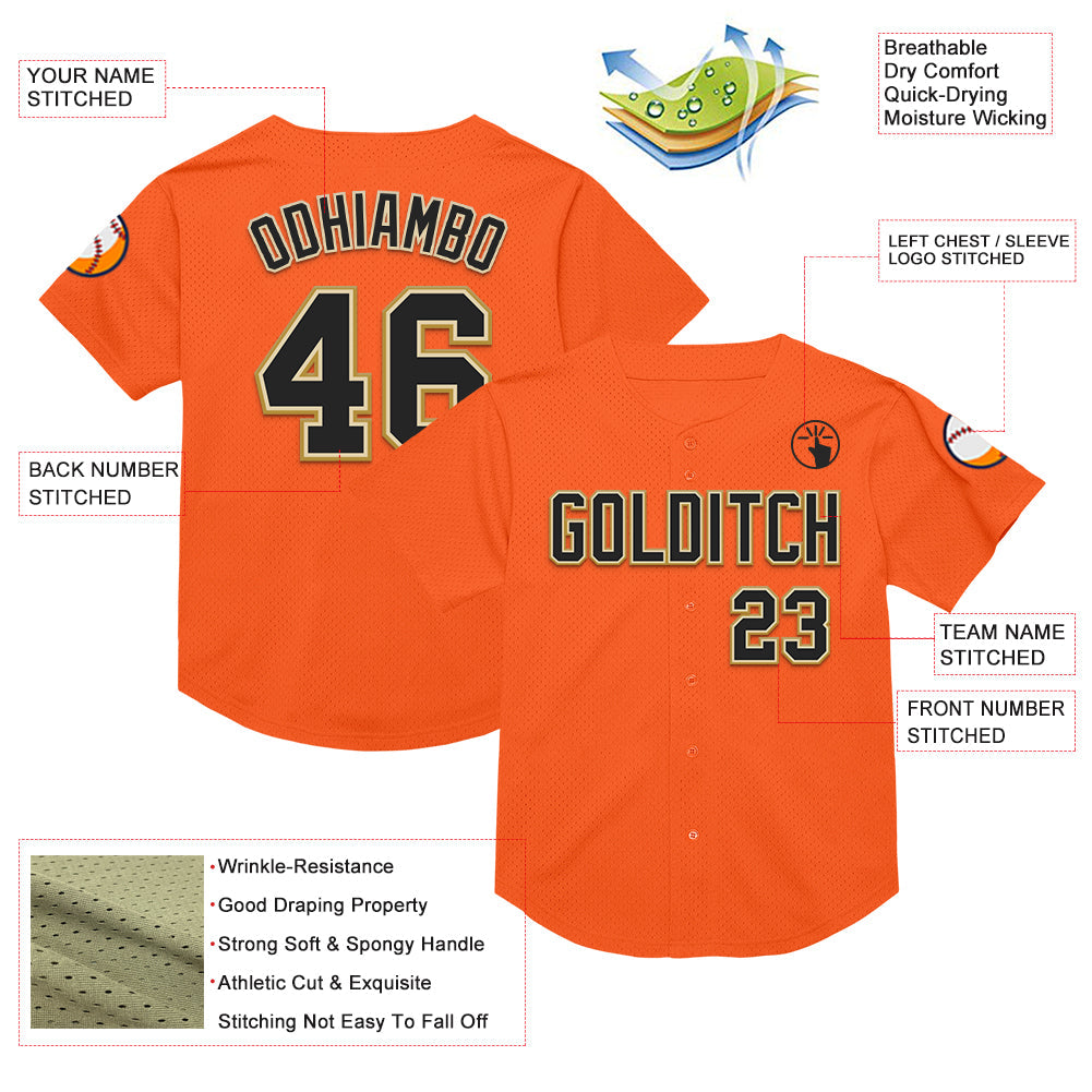 Custom Orange Black Cream-Old Gold Mesh Authentic Throwback Baseball Jersey - Sky-Custom