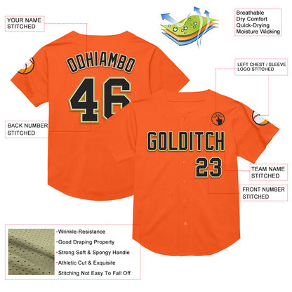 Custom Orange Black Cream-Old Gold Mesh Authentic Throwback Baseball Jersey - Sky-Custom
