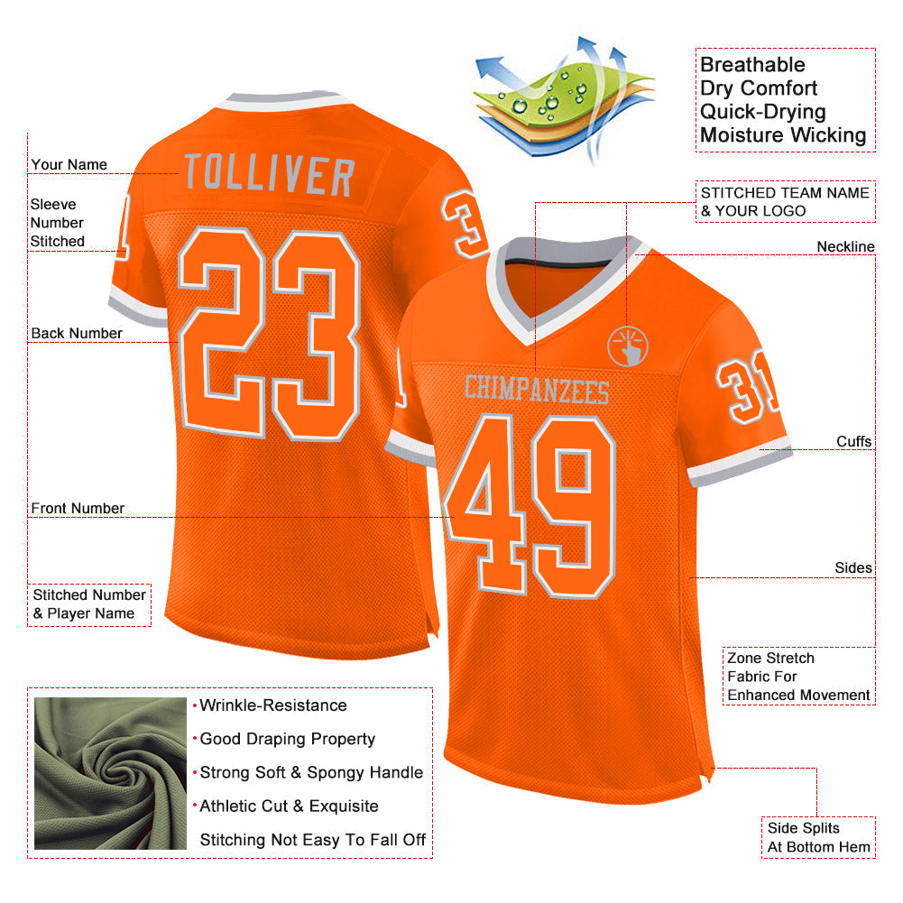 Custom Orange White-Gray Mesh Authentic Throwback Football Jersey - Sky-Custom