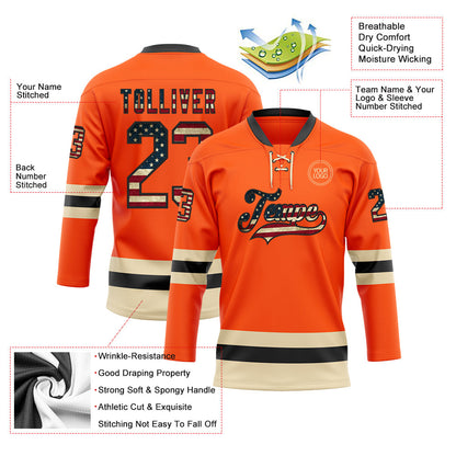 Custom Orange Vintage USA Flag Black-Cream Hockey Lace Neck Jersey - Sky-Custom