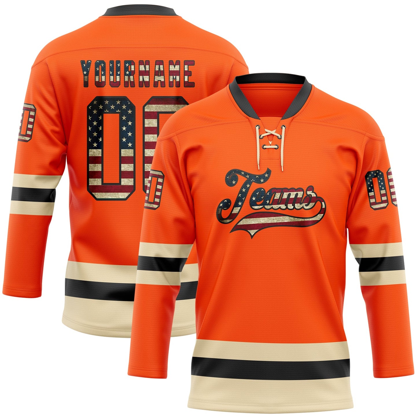 Custom Orange Vintage USA Flag Black-Cream Hockey Lace Neck Jersey - Sky-Custom