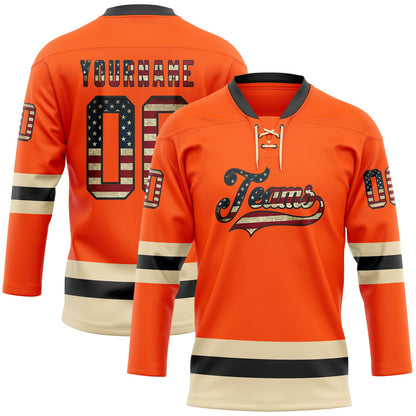 Custom Orange Vintage USA Flag Black-Cream Hockey Lace Neck Jersey - Sky-Custom