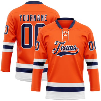 Custom Orange Navy-White Hockey Lace Neck Jersey - Sky-Custom