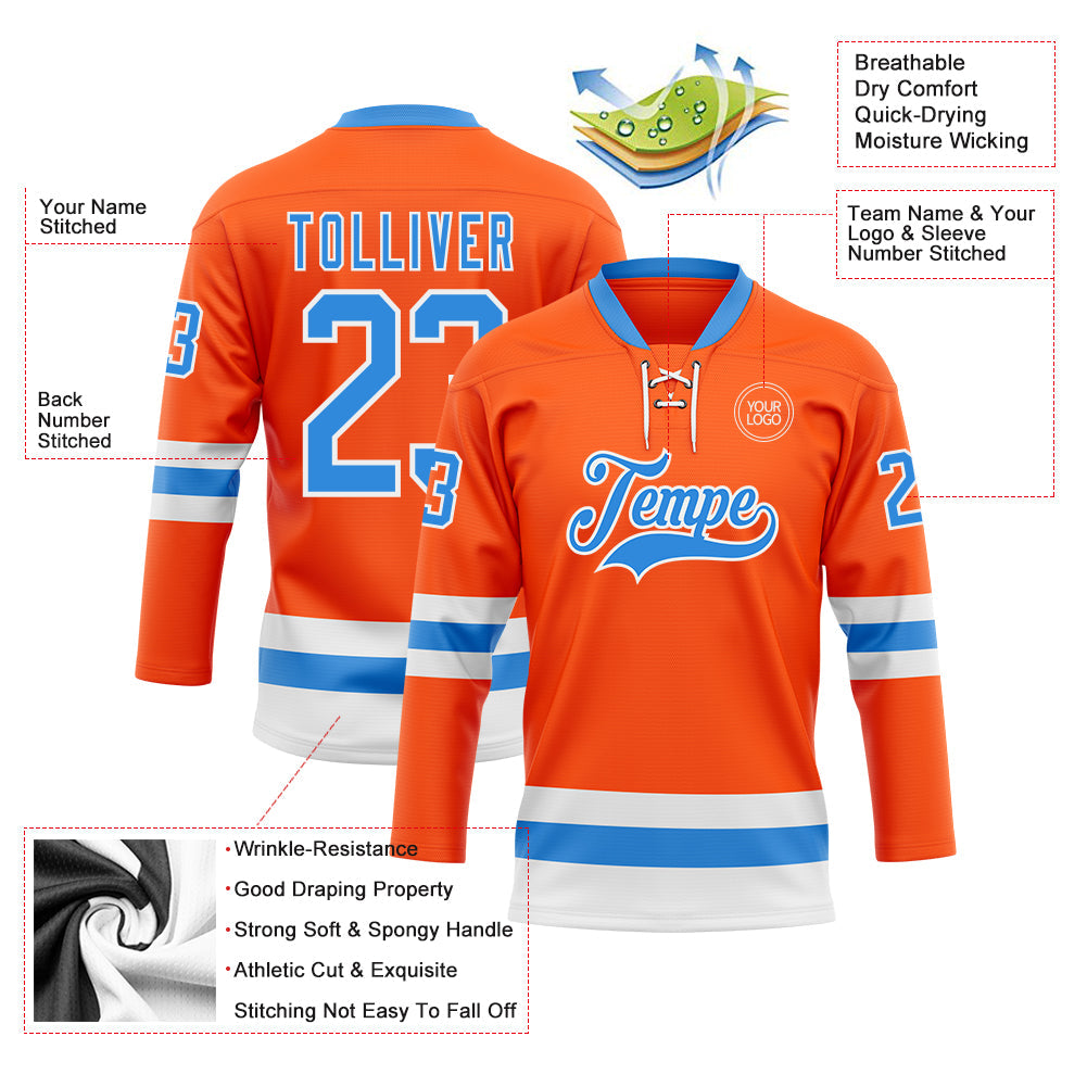 Custom Orange Powder Blue-White Hockey Lace Neck Jersey - Sky-Custom