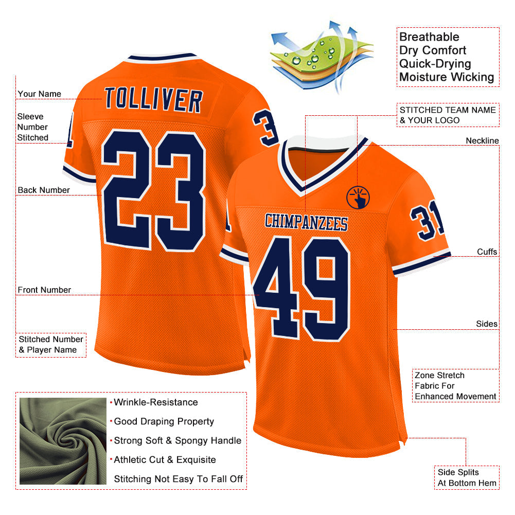 Custom Orange Navy-White Mesh Authentic Throwback Football Jersey - Sky-Custom