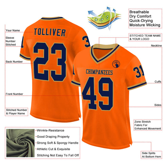 Custom Orange Navy-Old Gold Mesh Authentic Throwback Football Jersey - Sky-Custom