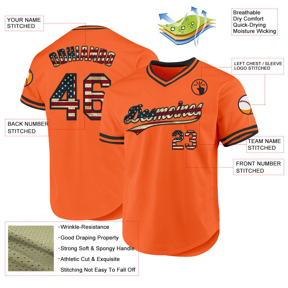 Custom Orange Vintage USA Flag-Black Authentic Throwback Baseball Jersey - Sky-Custom