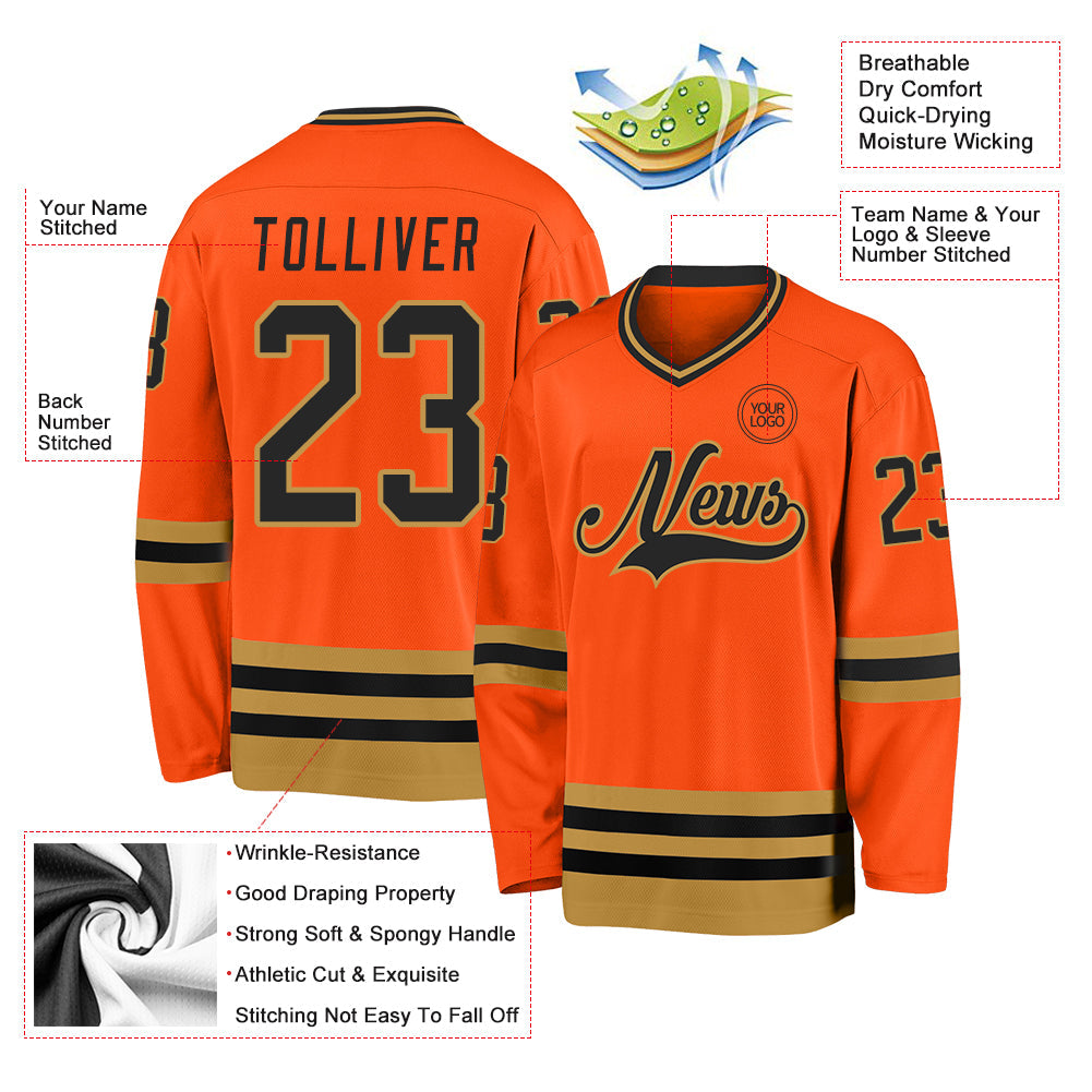 Custom Orange Black-Old Gold Hockey Jersey - Sky-Custom