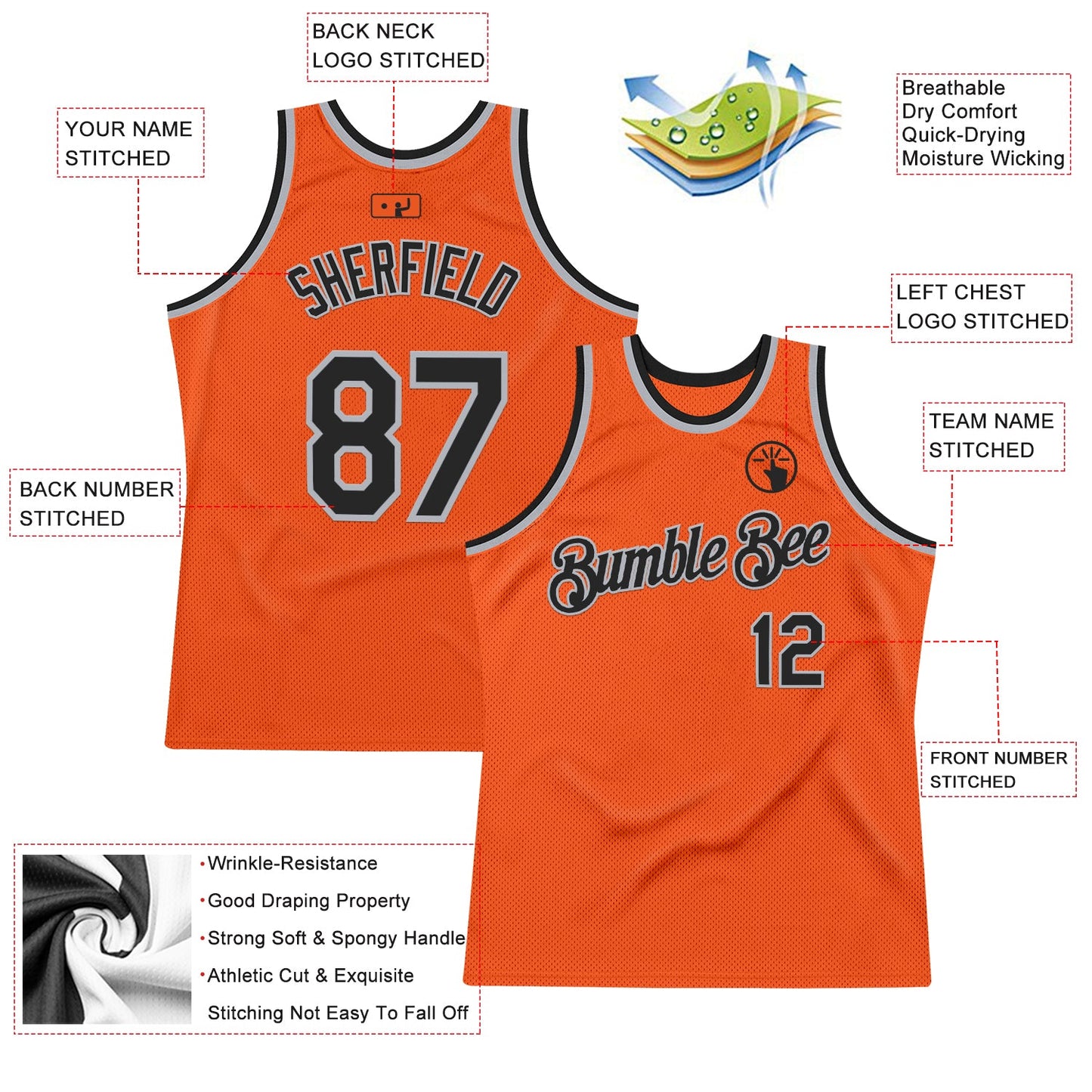 Custom Orange Black-Gray Authentic Throwback Basketball Jersey - Sky-Custom