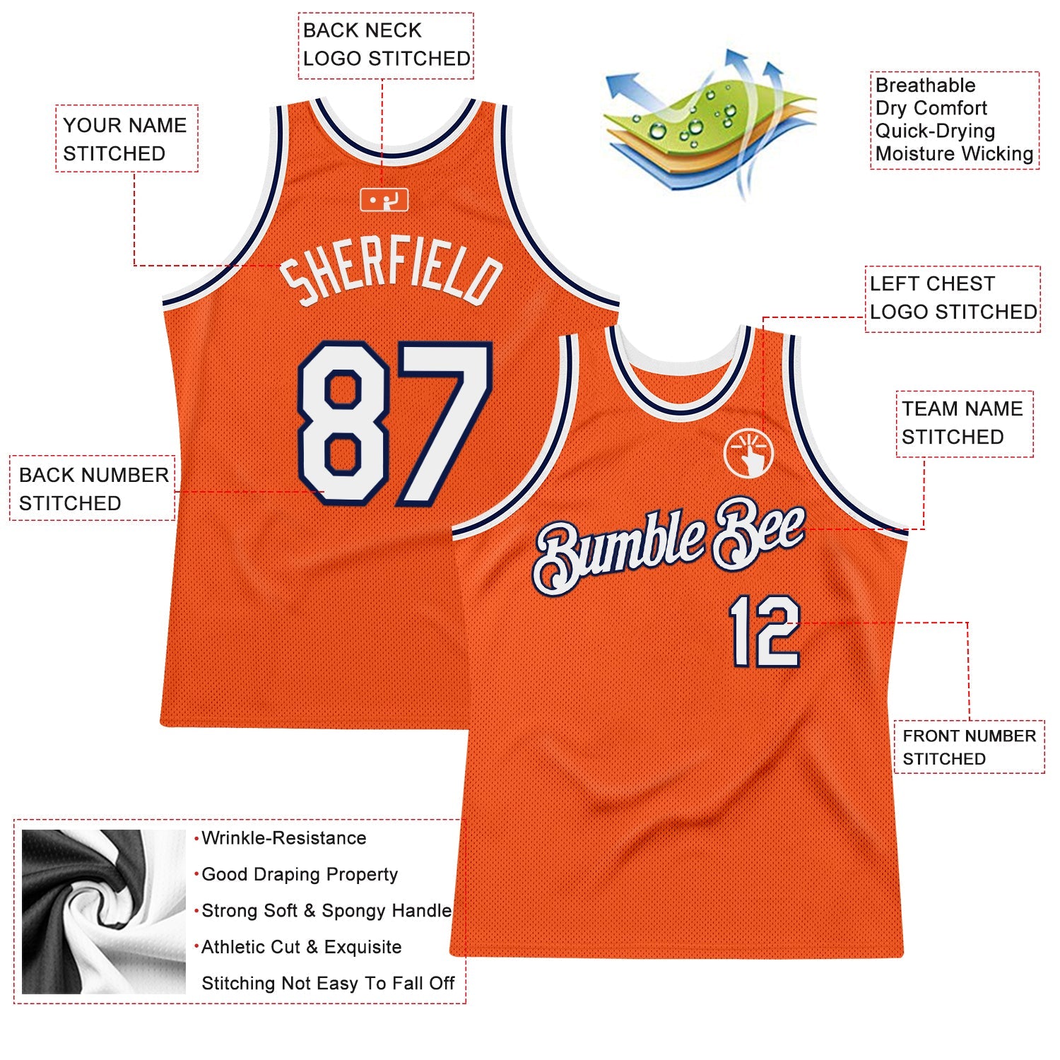 Custom Orange White-Navy Authentic Throwback Basketball Jersey - Sky-Custom