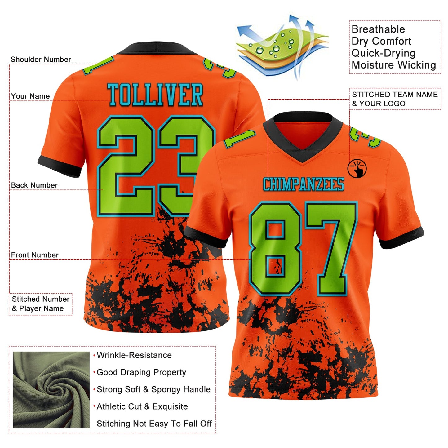 Custom Orange Neon Green Black-Lakes Blue Splash Mesh Authentic Football Jersey - Sky-Custom