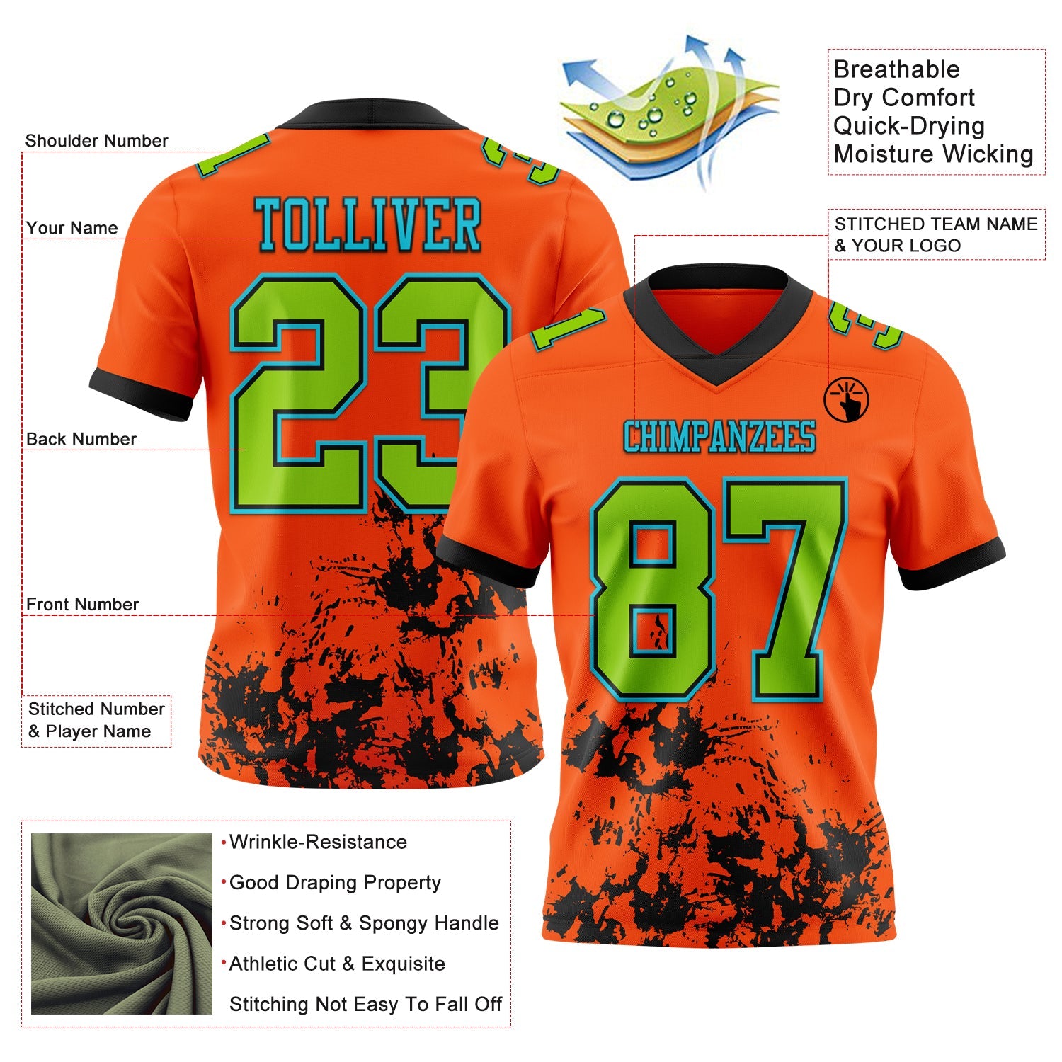 Custom Orange Neon Green Black-Lakes Blue Splash Mesh Authentic Football Jersey - Sky-Custom