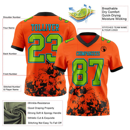 Custom Orange Neon Green Black-Lakes Blue Splash Mesh Authentic Football Jersey - Sky-Custom