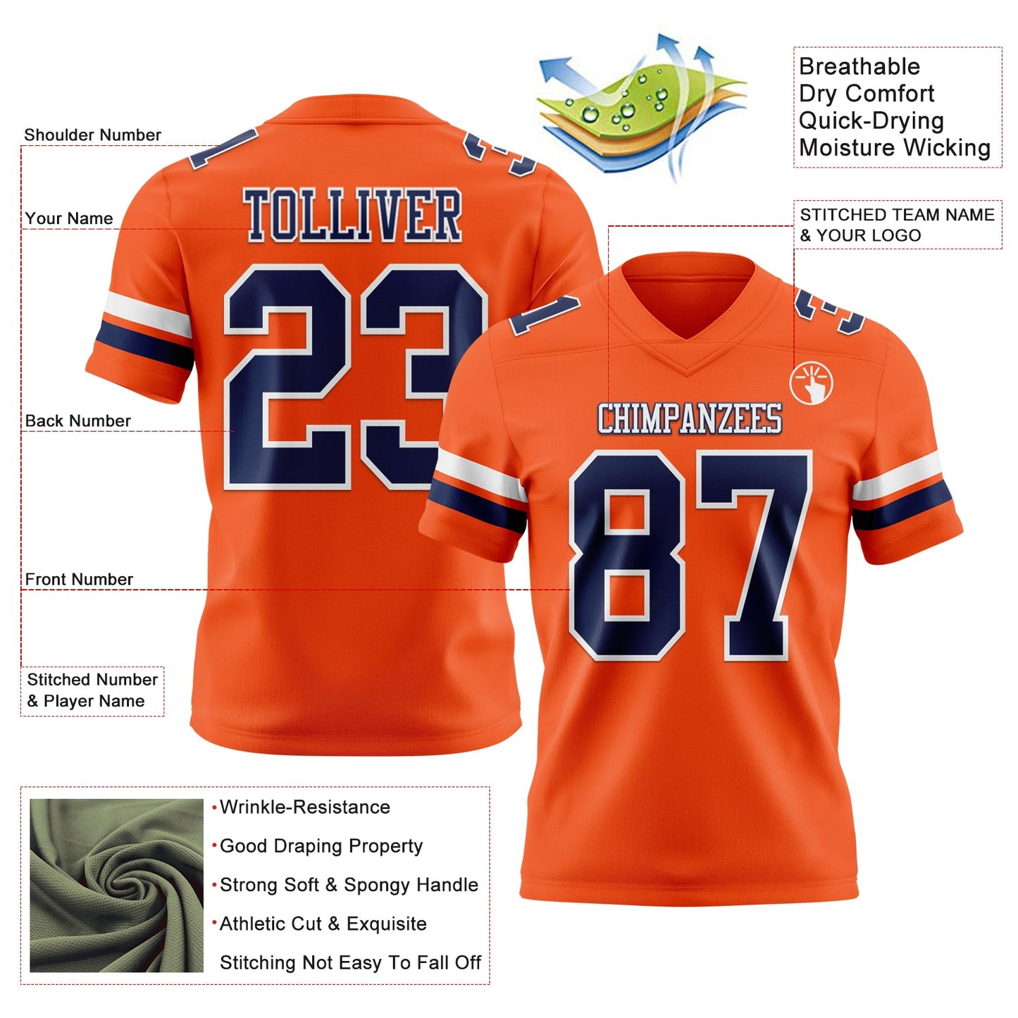 Custom Orange Navy-White Mesh Authentic Football Jersey - Sky-Custom