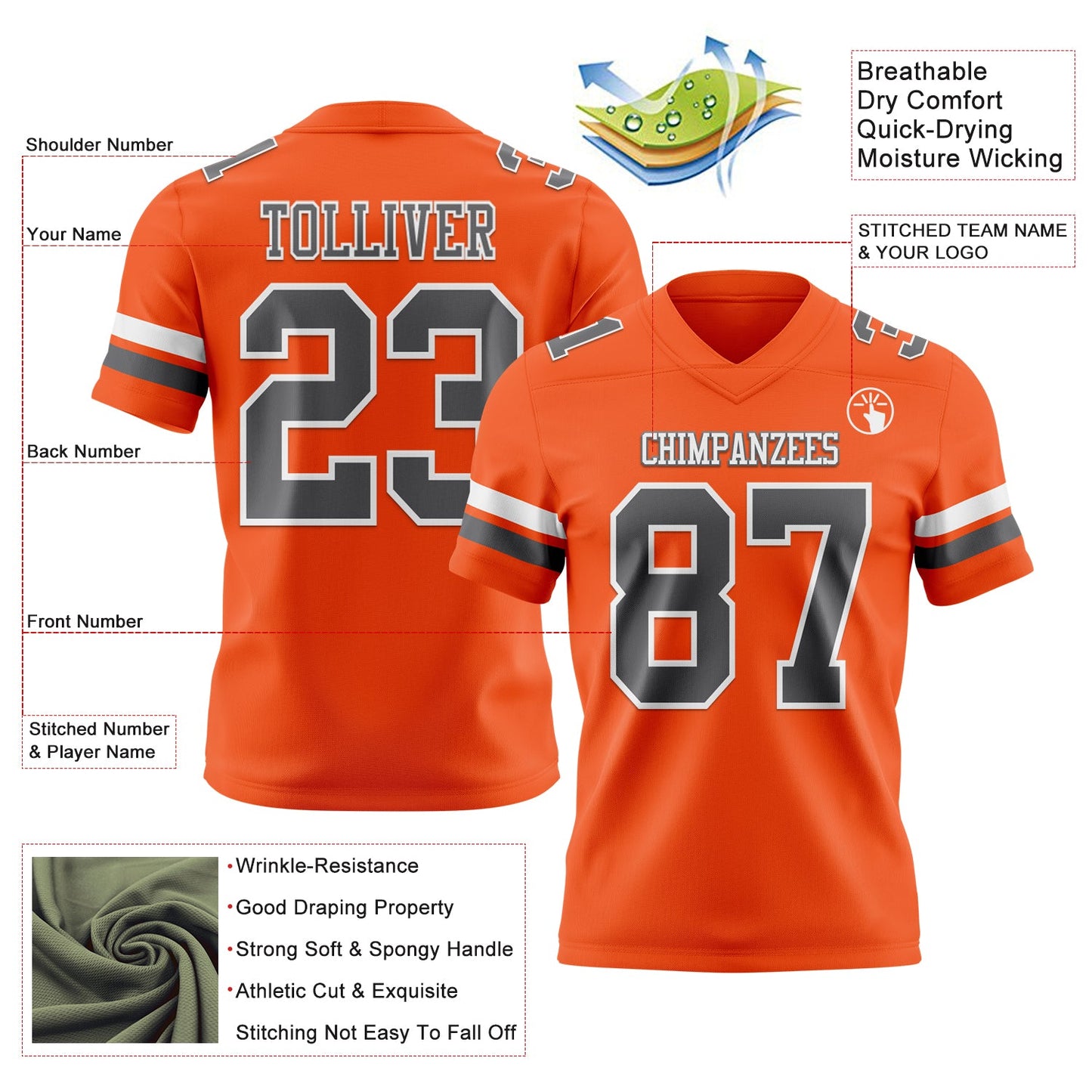 Custom Orange Steel Gray-White Mesh Authentic Football Jersey - Sky-Custom