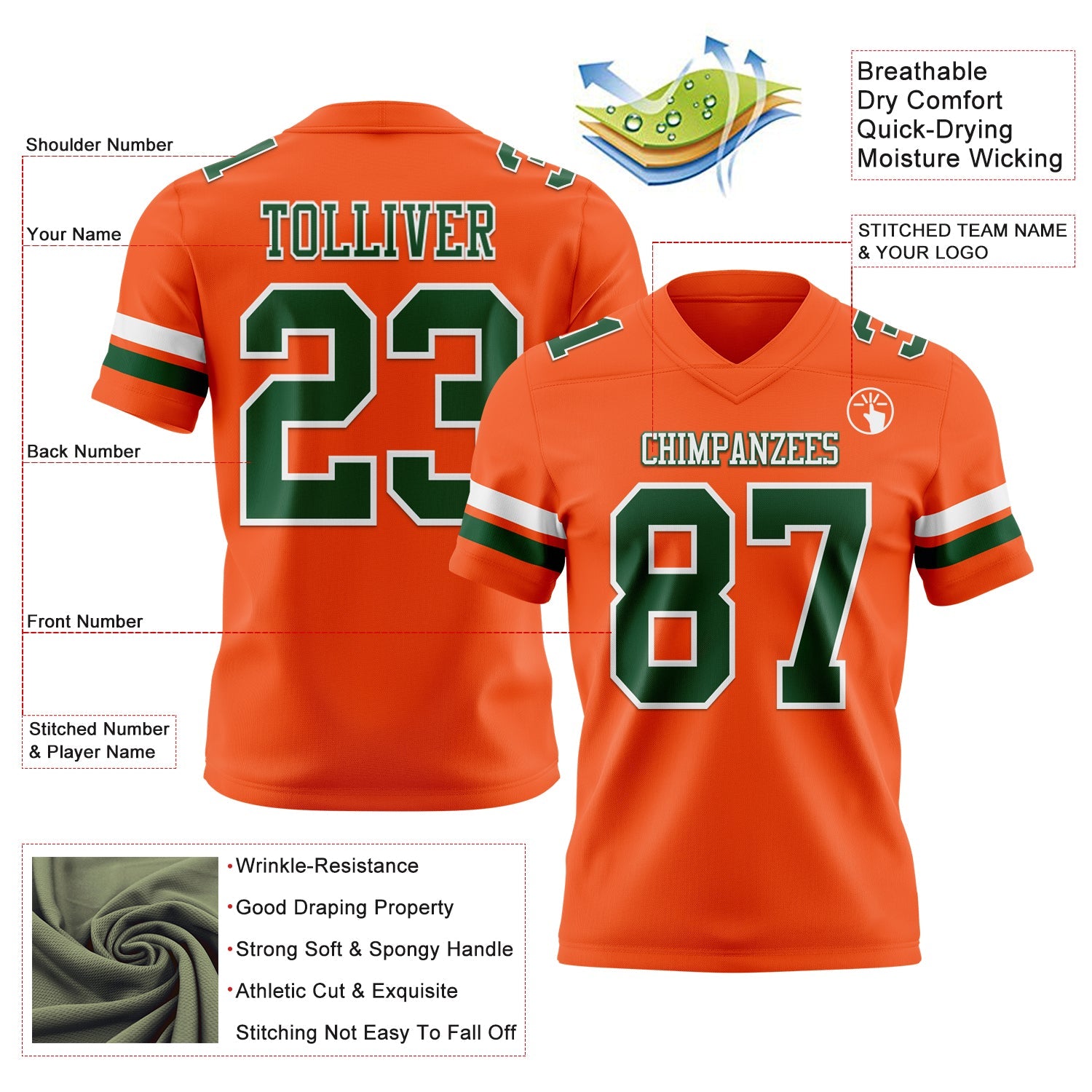 Custom Orange Green-White Mesh Authentic Football Jersey - Sky-Custom