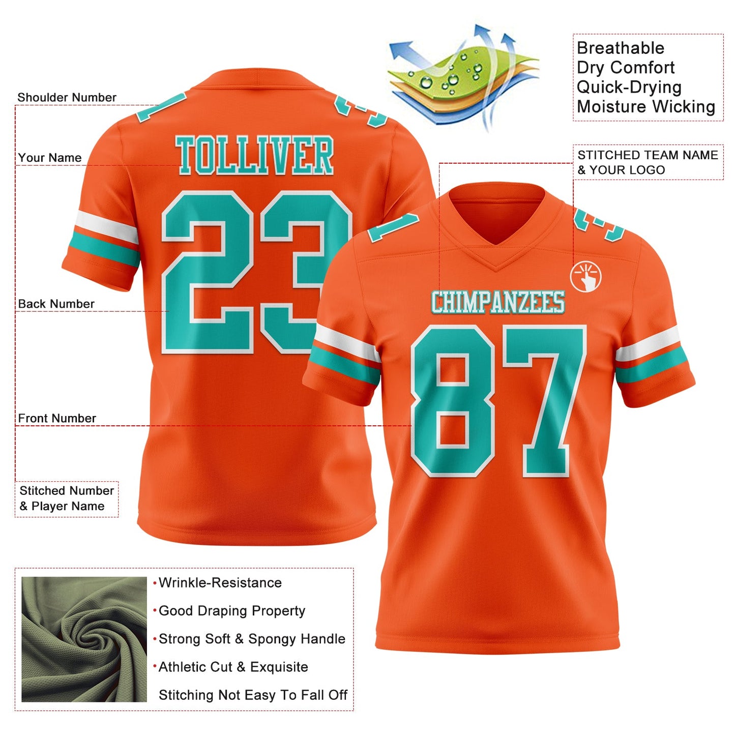 Custom Orange Aqua-White Mesh Authentic Football Jersey - Sky-Custom