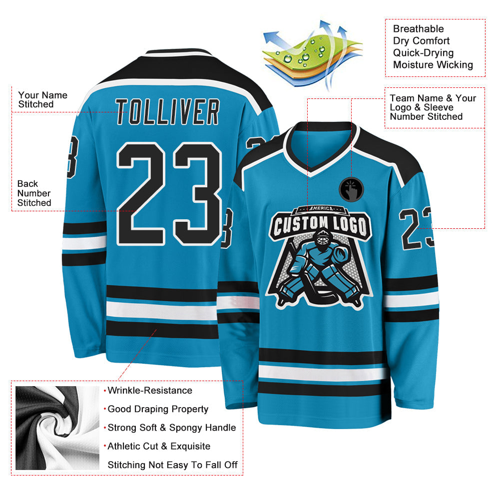 Custom Panther Blue Black-White Hockey Jersey - Sky-Custom