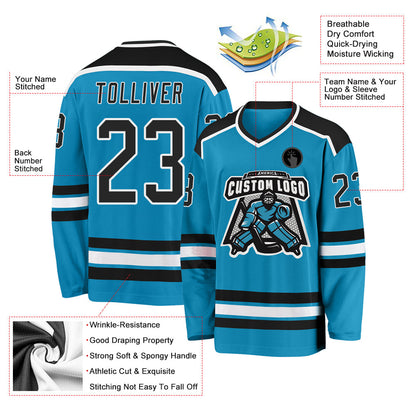 Custom Panther Blue Black-White Hockey Jersey - Sky-Custom