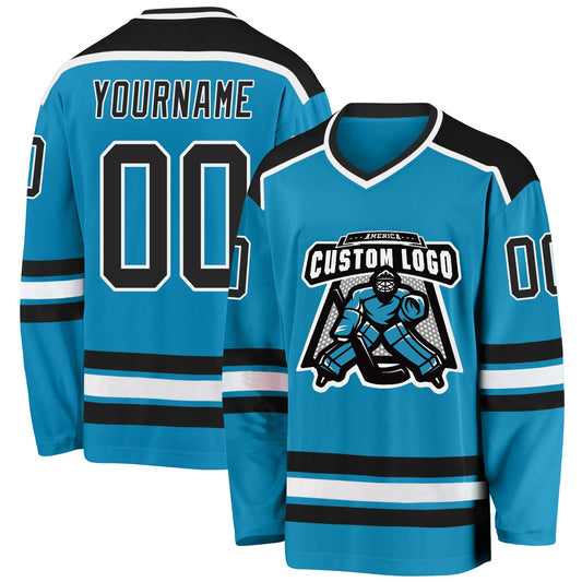 Custom Panther Blue Black-White Hockey Jersey - Sky-Custom
