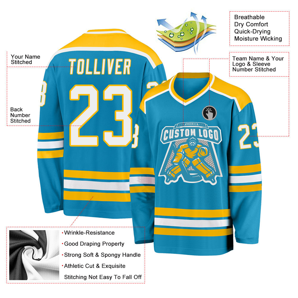 Custom Panther Blue White-Gold Hockey Jersey - Sky-Custom