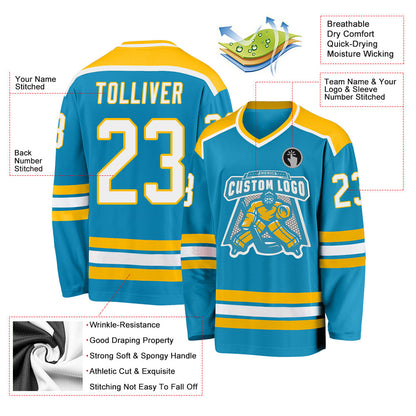 Custom Panther Blue White-Gold Hockey Jersey - Sky-Custom
