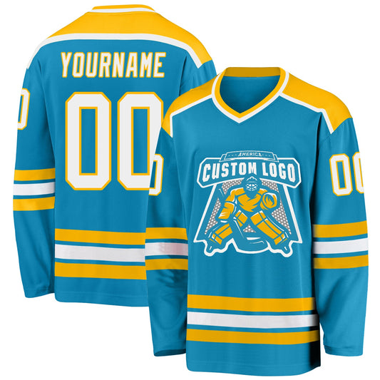Custom Panther Blue White-Gold Hockey Jersey - Sky-Custom