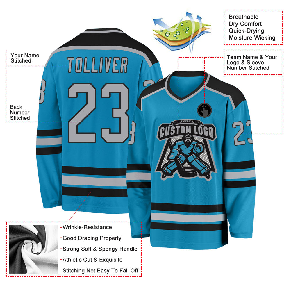 Custom Panther Blue Gray-Black Hockey Jersey - Sky-Custom