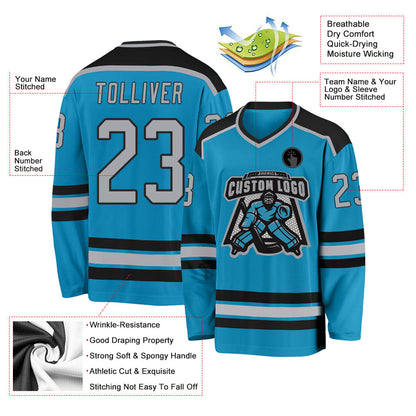 Custom Panther Blue Gray-Black Hockey Jersey - Sky-Custom