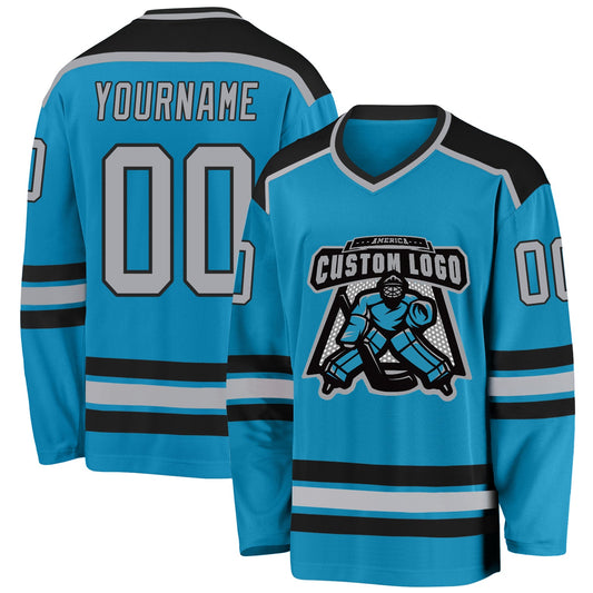 Custom Panther Blue Gray-Black Hockey Jersey - Sky-Custom