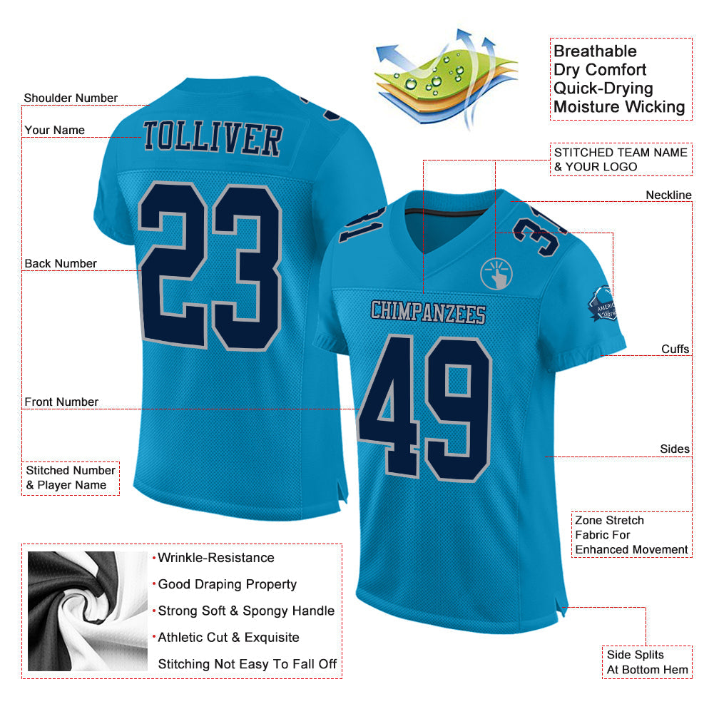 Custom Panther Blue Navy-Gray Mesh Authentic Football Jersey - Sky-Custom