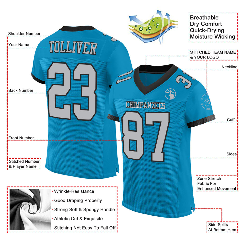 Custom Panther Blue Gray-Black Mesh Authentic Football Jersey - Sky-Custom
