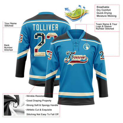 Custom Panther Blue Vintage USA Flag Black-Cream Hockey Lace Neck Jersey - Sky-Custom