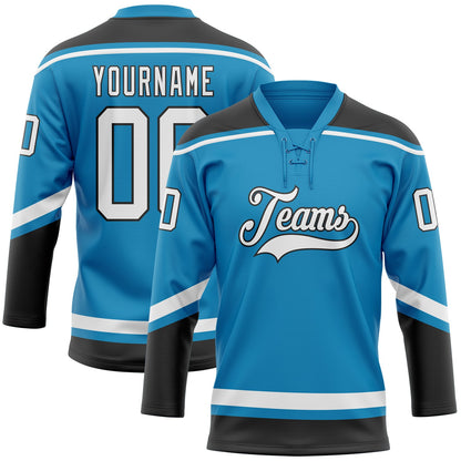 Custom Panther Blue White-Black Hockey Lace Neck Jersey - Sky-Custom