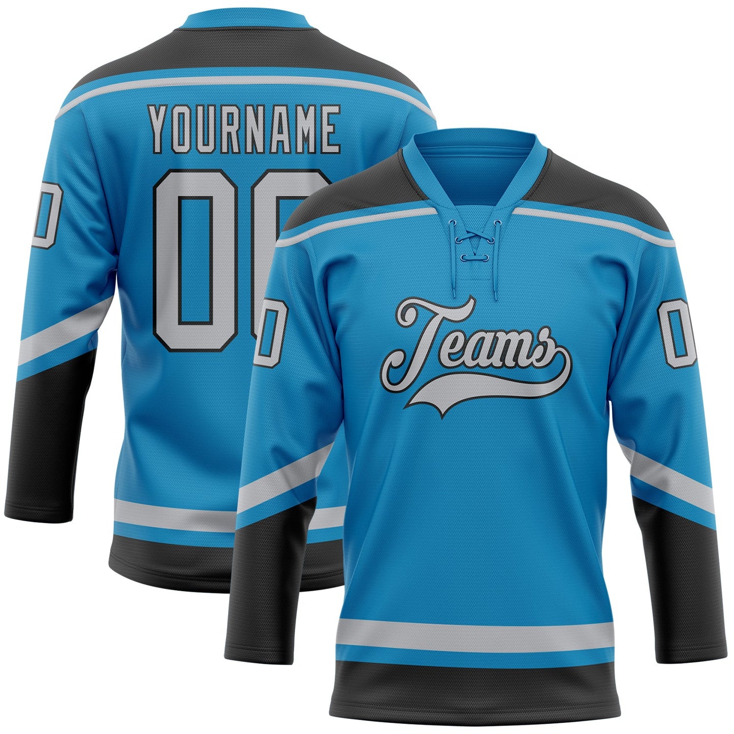 Custom Panther Blue Gray-Black Hockey Lace Neck Jersey - Sky-Custom