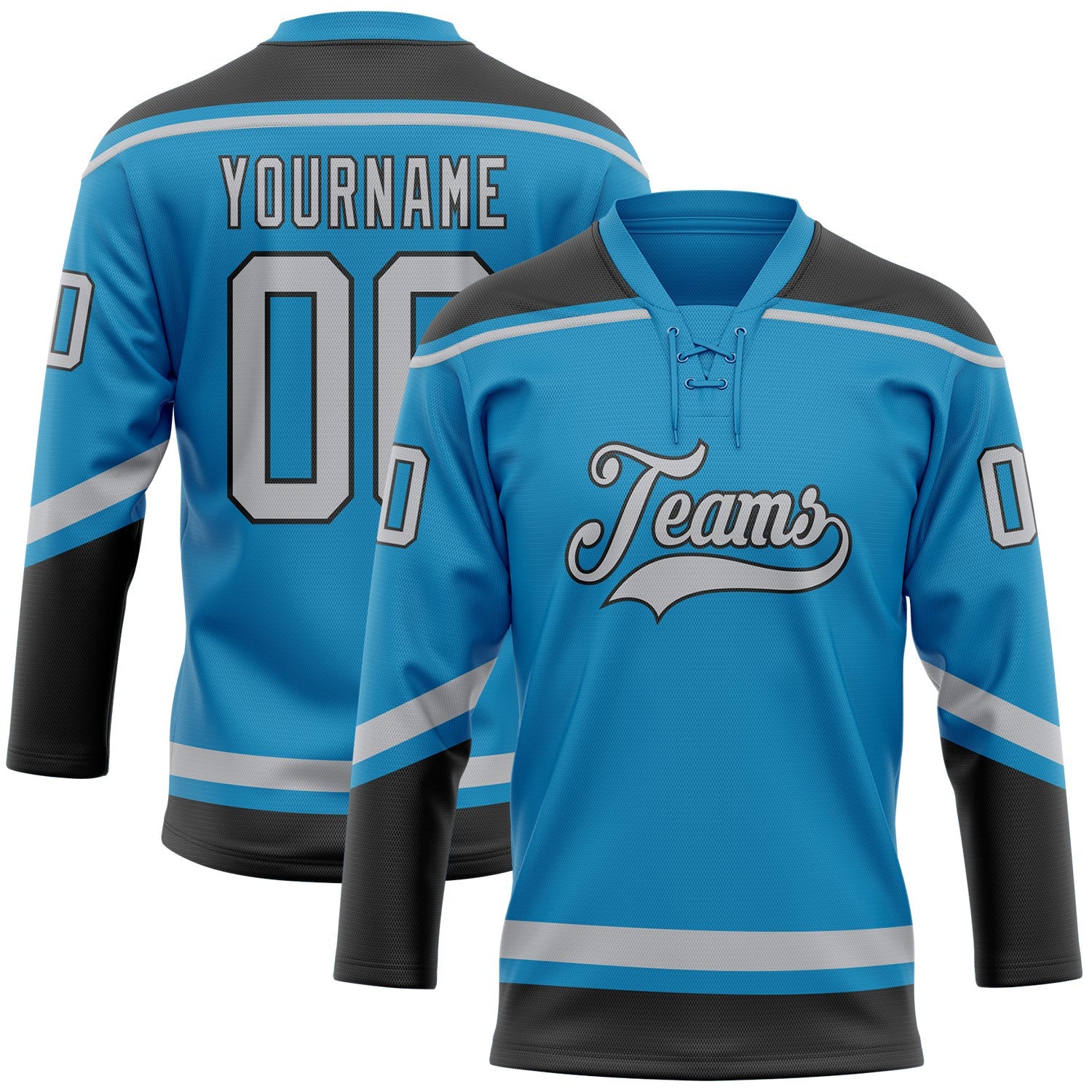 Custom Panther Blue Gray-Black Hockey Lace Neck Jersey - Sky-Custom
