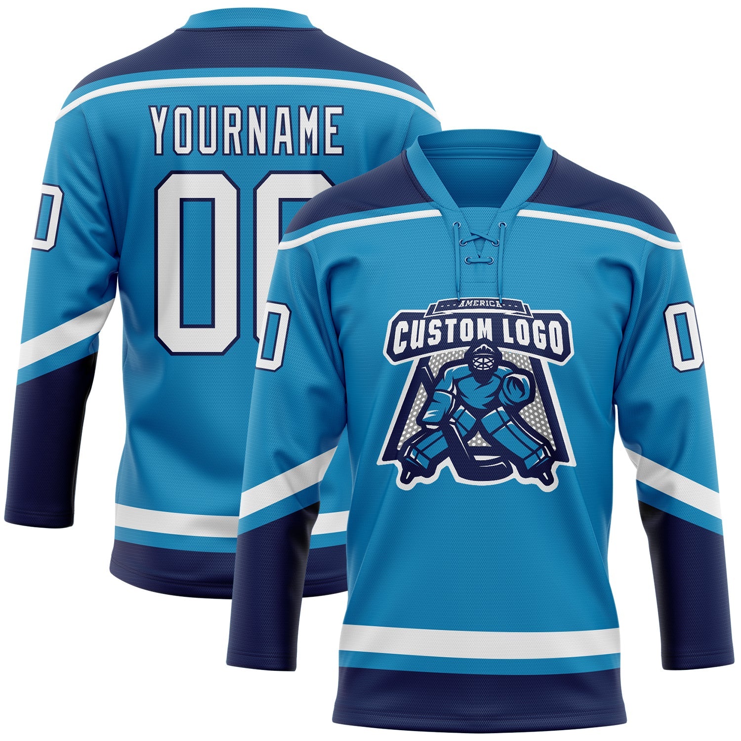Custom Panther Blue White-Navy Hockey Lace Neck Jersey - Sky-Custom