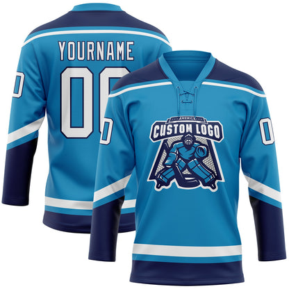 Custom Panther Blue White-Navy Hockey Lace Neck Jersey - Sky-Custom